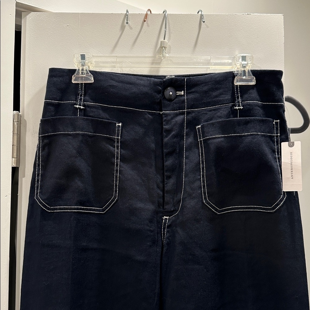 Maeve Navy Colette cropped Trousers with contrast Stitching - Picture 2 of 7